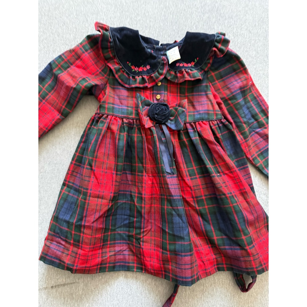 Vintage Holiday Plaid Dress Girls 3T Red Green Tartan Velvet Collar Floral Bow